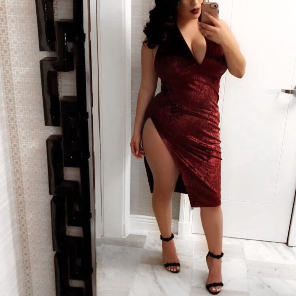 Burgundy Velvet Halter Slit Dress. Size Medium.